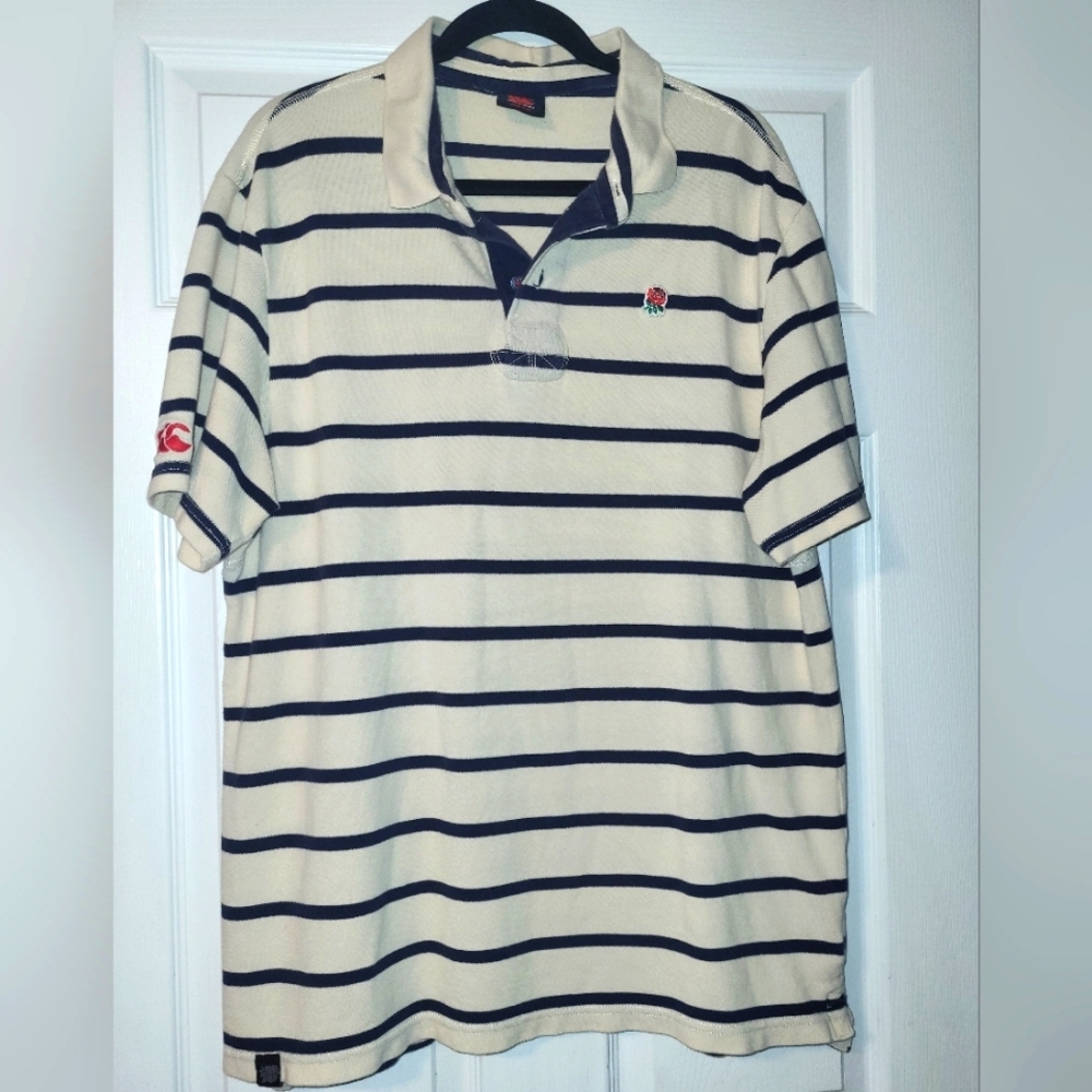 Canterbury Striped Rugby Polo Shirt Size‎ XXL England English Rose Blue Cream